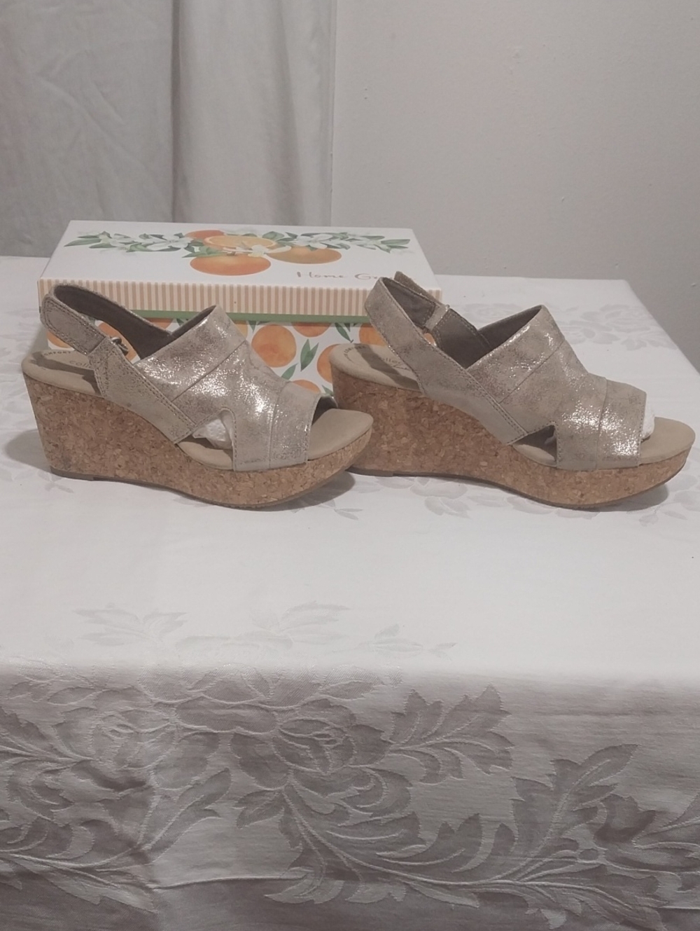 Clarks Shimmery Taupe Open-Toe Slingback Heels